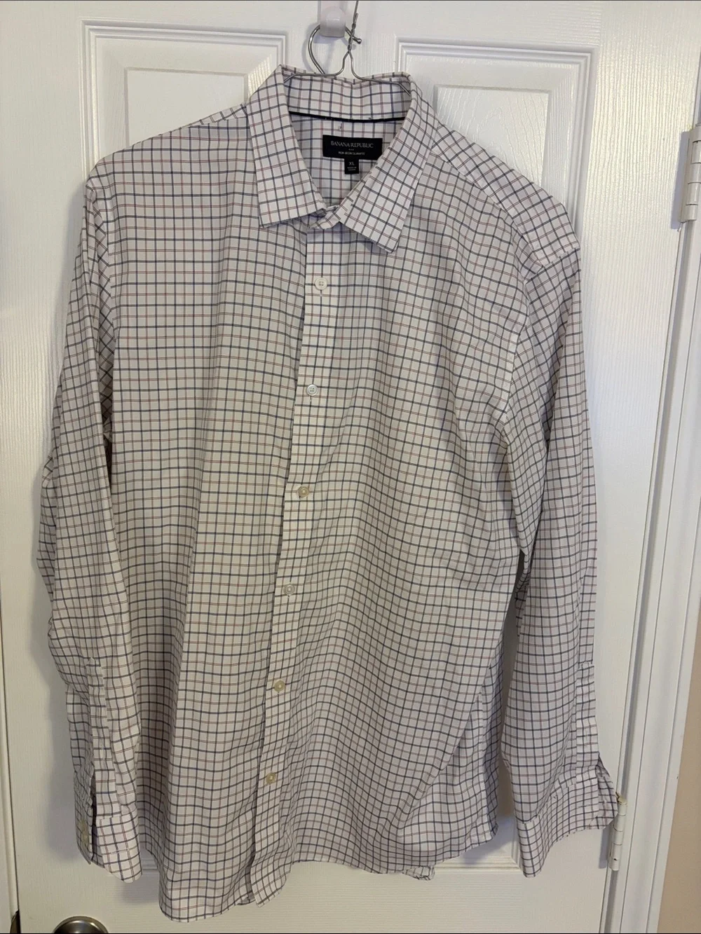 Banana Republic White Dress Shirt with Navy and Burgundy Windowpane